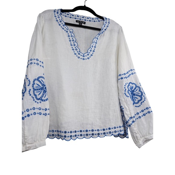 J.Crew Tops - J. Crew Womens Bungalow Linen Embroidered Top Sz M White Blue Boho Cottagecore